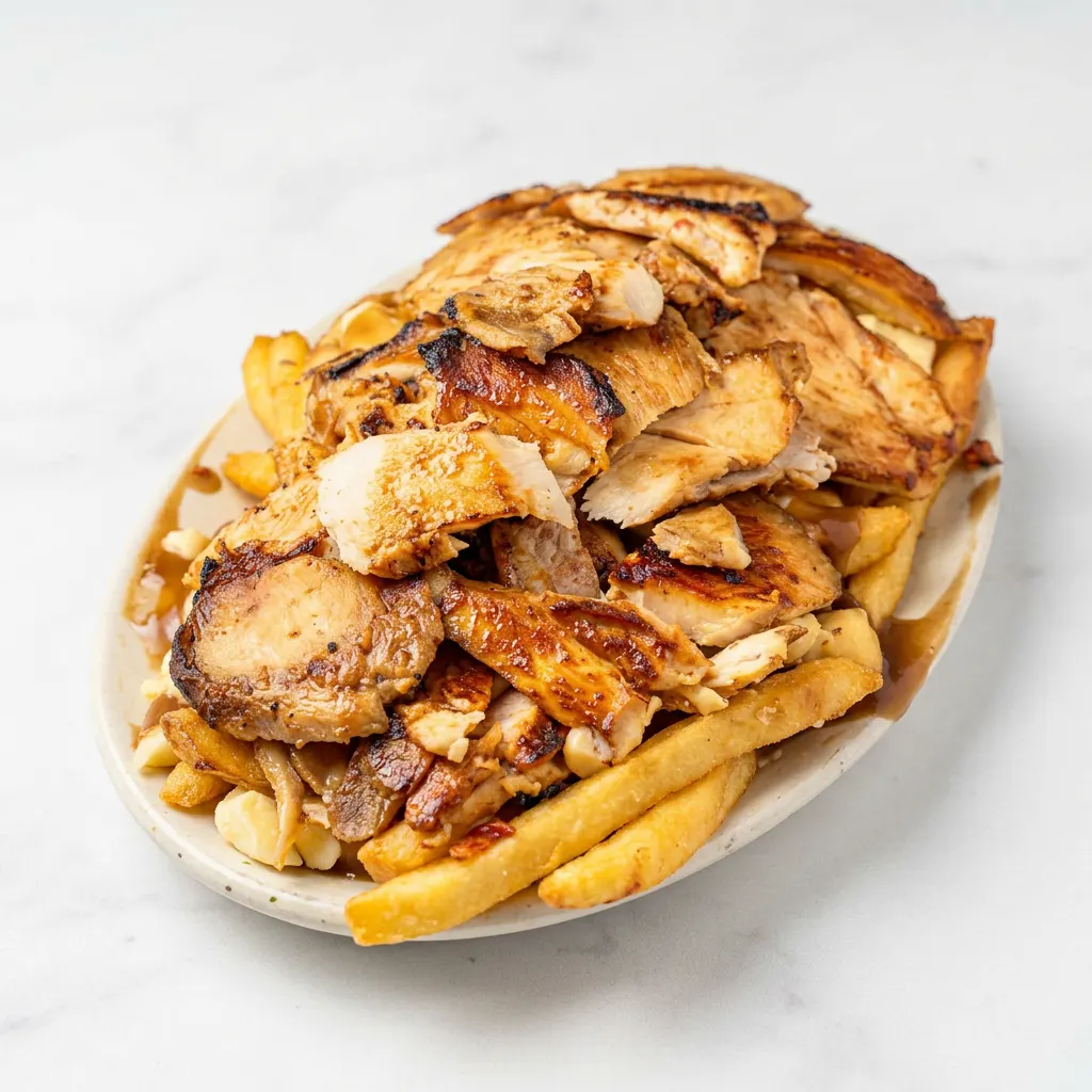 Halal chicken shawarma poutine Ottawa with fries, cheese curds and shawarma meat