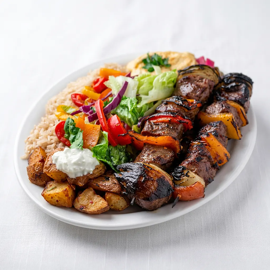 Beef kabab platter Ottawa with rice, roasted potatoes, salad, hummus and grilled vegetables