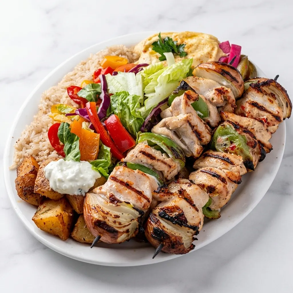 Chicken kabab platter Ottawa with rice, roasted potatoes, salad, hummus and grilled vegetables