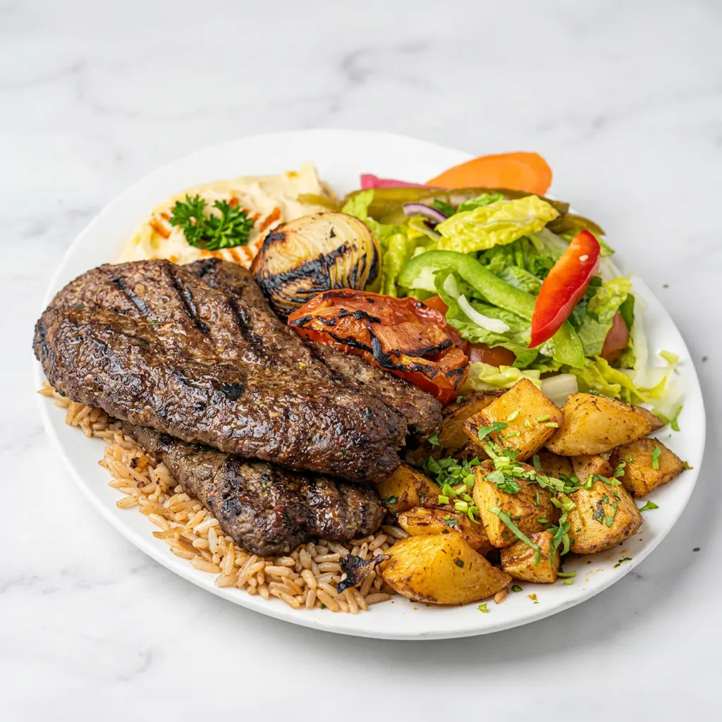Kafta kabab platter Ottawa with rice, roasted potatoes, salad and hummus