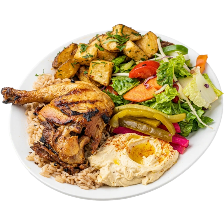 BBQ chicken quarter, charbroiled and served with rice, fresh salad and garlic sauce at Shawarma Palace