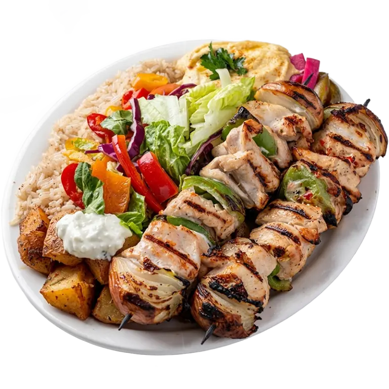 Chicken kabab platter with grilled marinated chicken skewers, rice, fresh salad and garlic sauce from Shawarma Palace
