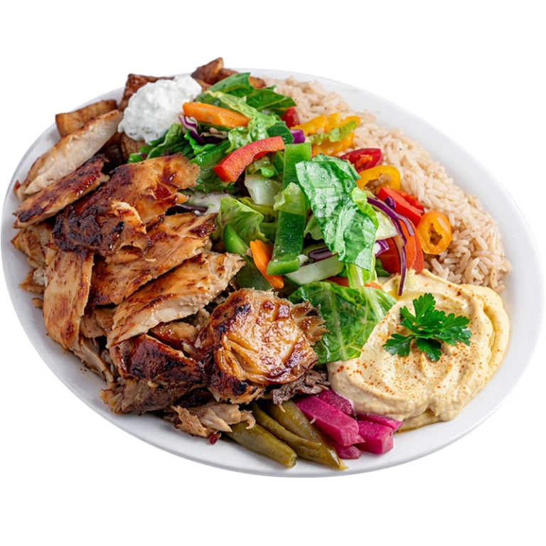 Chicken shawarma platter with sliced marinated chicken, rice, fresh salad, pickled turnips and garlic sauce from Shawarma Palace