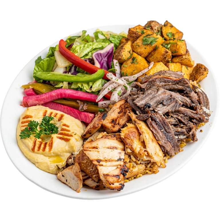 Mixed shawarma platter with sliced chicken and beef shawarma, rice, fresh salad, pickled turnips, hummus and garlic sauce from Shawarma Palace