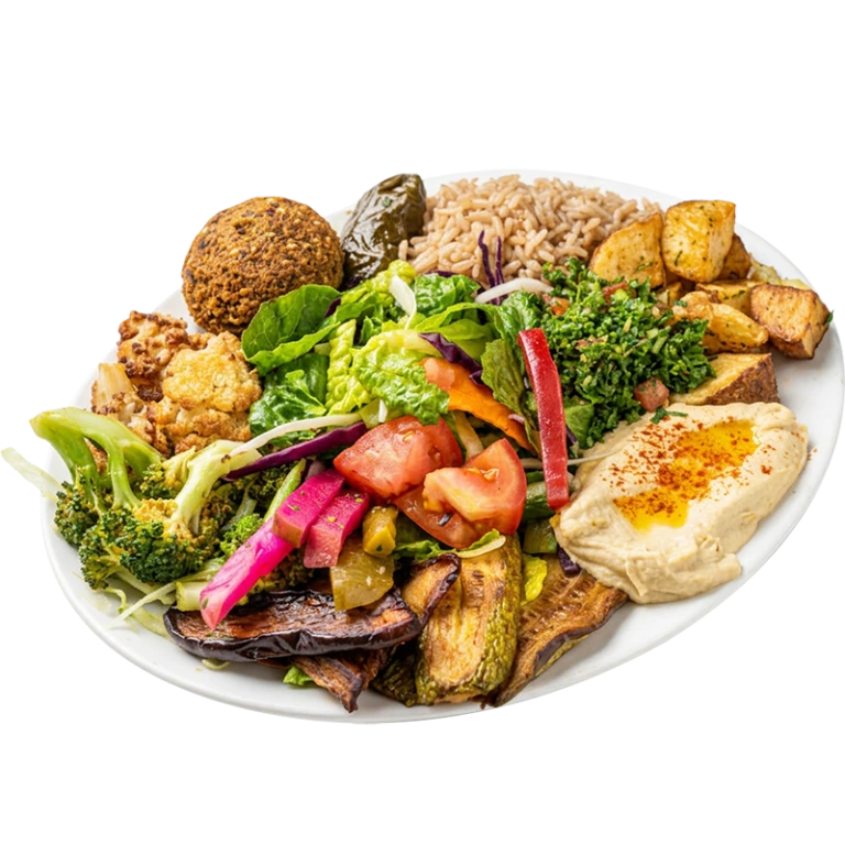 Vegetarian platter with falafel, hummus, roasted potatoes, fresh salad and pickled turnips from Shawarma Palace